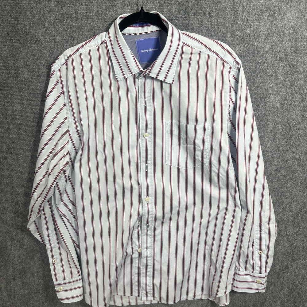 Tommy Bahama Mens Large Blue Maroon Striped Button Up Cotton Dress Shirt 0548